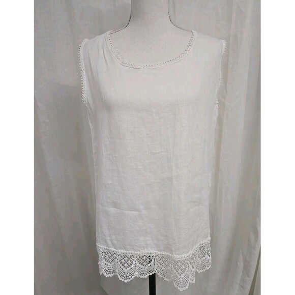 Laura Bianchi Made in Italy Sleeveless Blouse Top Crochet White 100% Linen Sz M - Picture 1 of 10